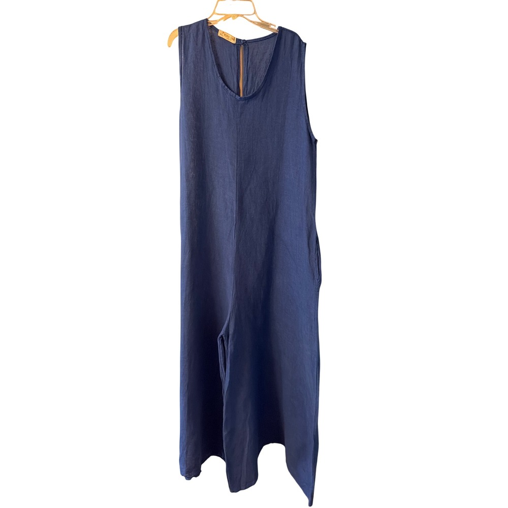 Puro Lino Jumpsuit Blue Linen Wide Leg Sleeveless Scoop Neck Pocket